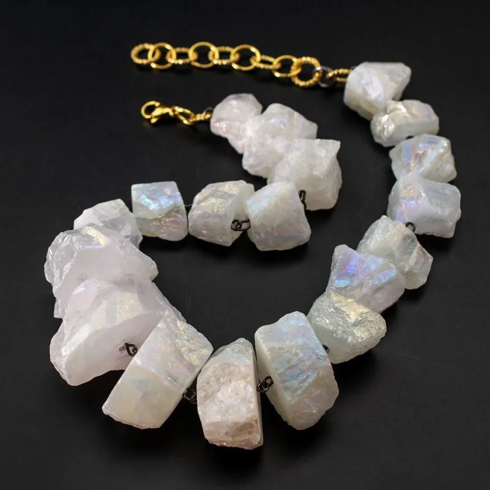 Super chunky raw gemstone necklace, accent angel aura quartz crystal collar